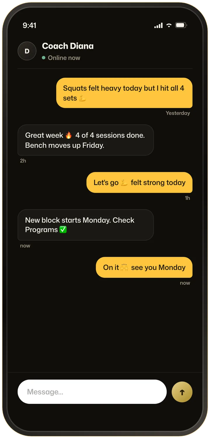 Coach chat with Coach Diana: check-in messages, a new program card, and the message composer.