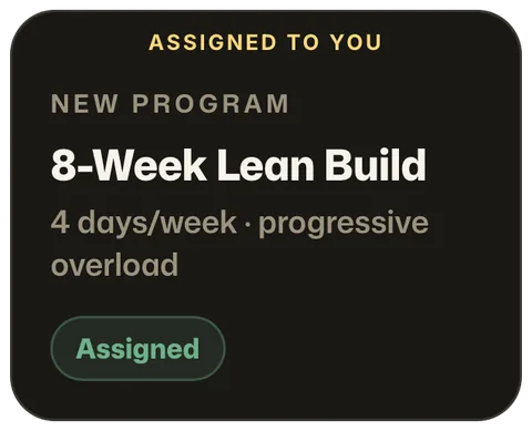 New program card assigned by the coach: 8-Week Lean Build, 4 days a week with progressive overload.