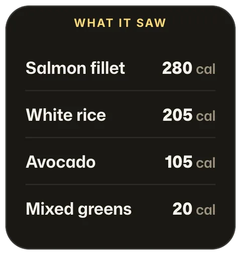 What ORO Scan saw: salmon fillet, white rice, avocado and mixed greens, with the calories of each.