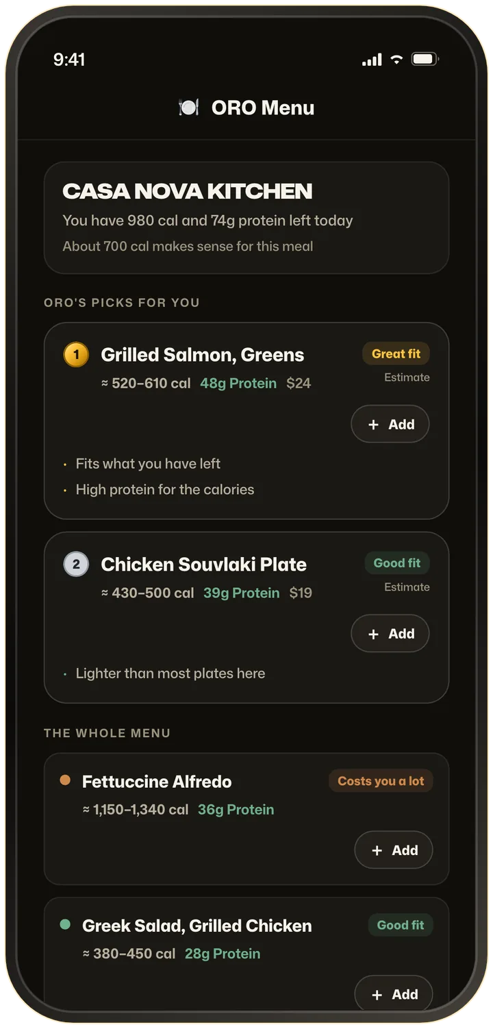 ORO Menu screen ranking the dishes of a photographed restaurant menu against the calories and protein left today, best fits on top.
