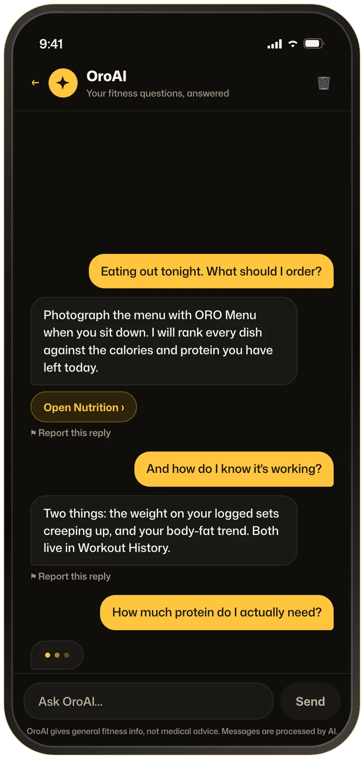 OroAI chat answering what to order when eating out and how to know training is working, with a chip that opens the Nutrition screen.