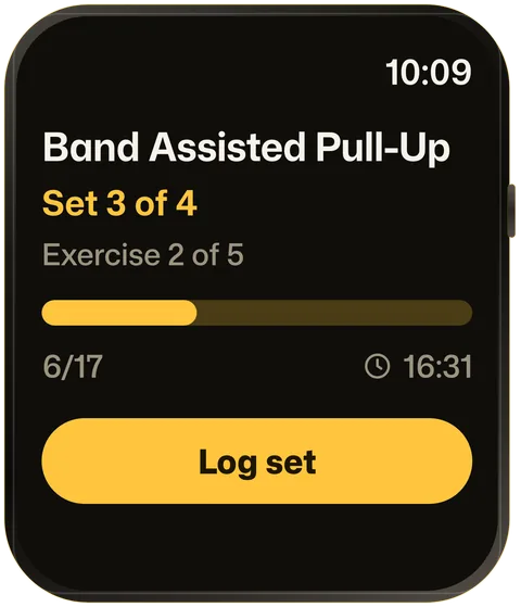 ORO on Apple Watch mid-workout: Band Assisted Pull-Up, set 3 of 4, with a gold Log set button.